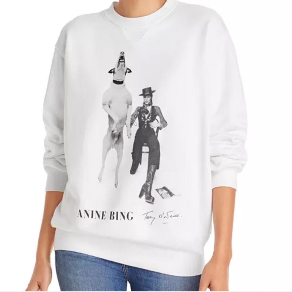 Anine Bing White Graphic Crewneck Sweatshirt with Black Print